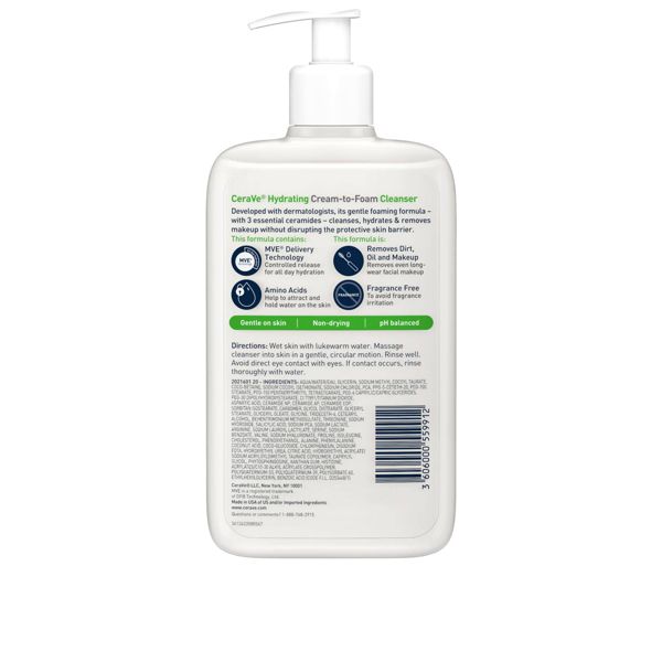 CeraVe Hydrating Cream-to-Foam Face Wash with Hyaluronic Acid for Normal to Dry Skin - 12 fl oz
