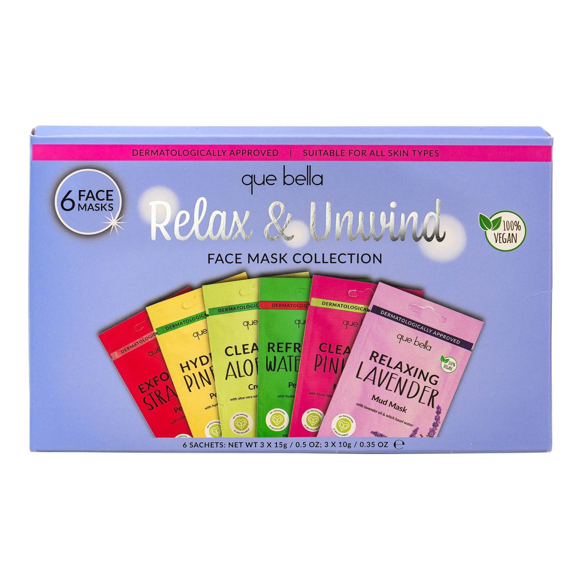 Que Bella Relax & Unwind Face Mask Collection - 6pc